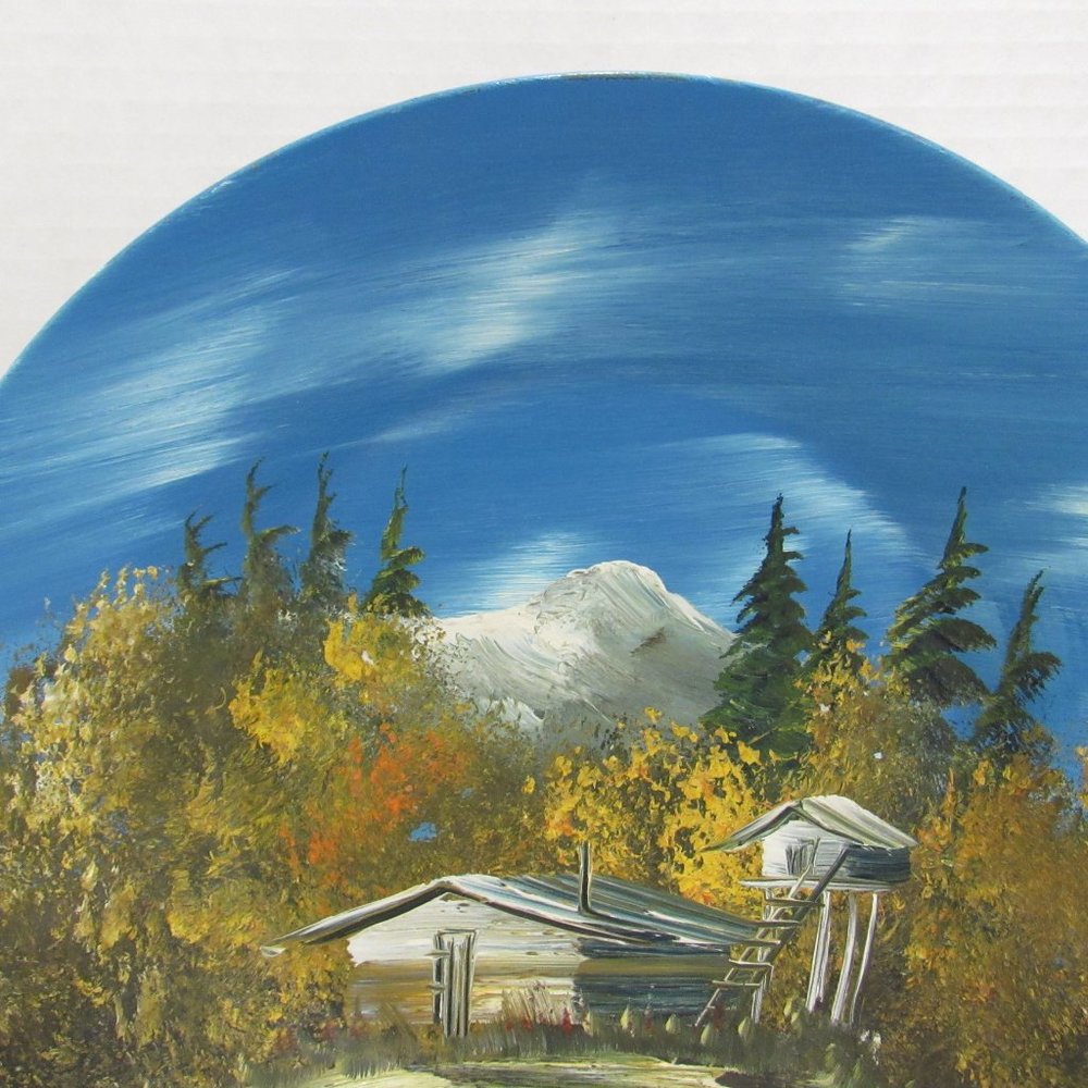 Hand Painted Metal Bowl Mountain Autumn Tree Cabin - Picture 7 of 8